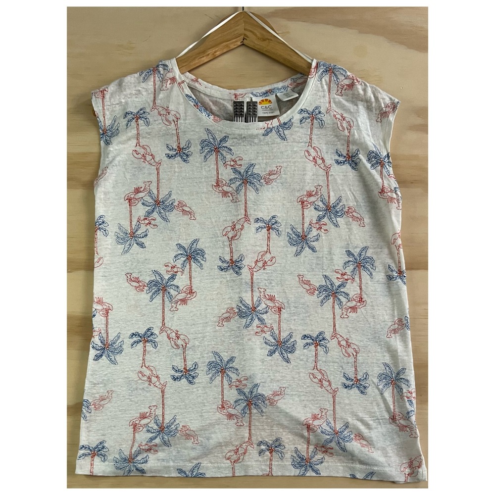 C&C California Tropical Linen Top Women's S | Palm Tree Lobster Print Cap Sleeve
